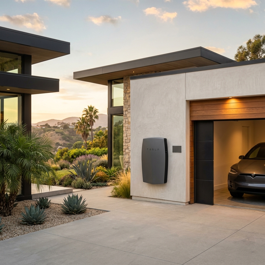 Tesla Powerwall battery storage installation at a modern California home