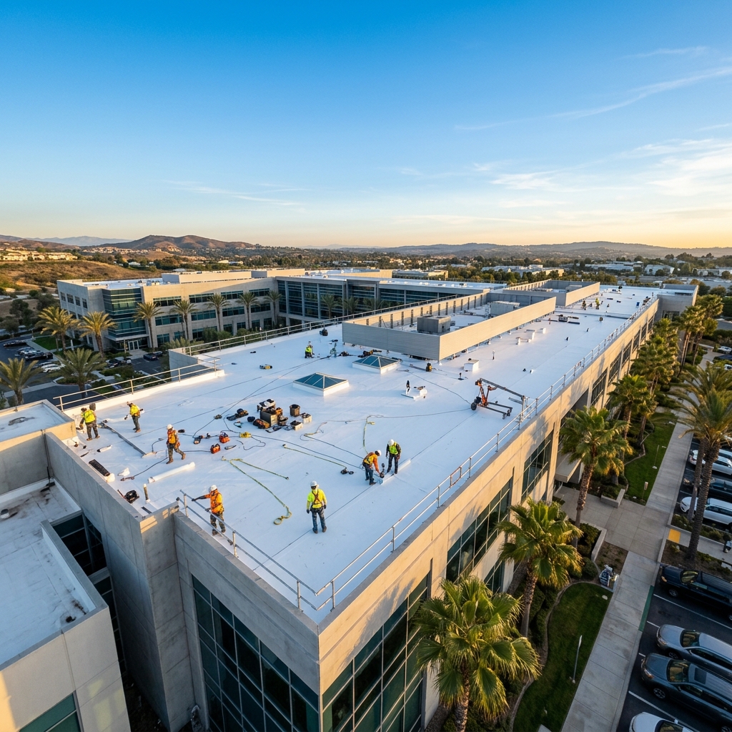 Commercial flat roof TPO membrane installation on a Southern California office building