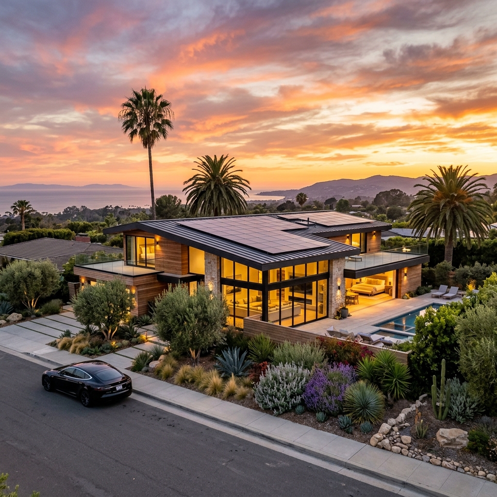 Modern Southern California home with solar panels at sunset