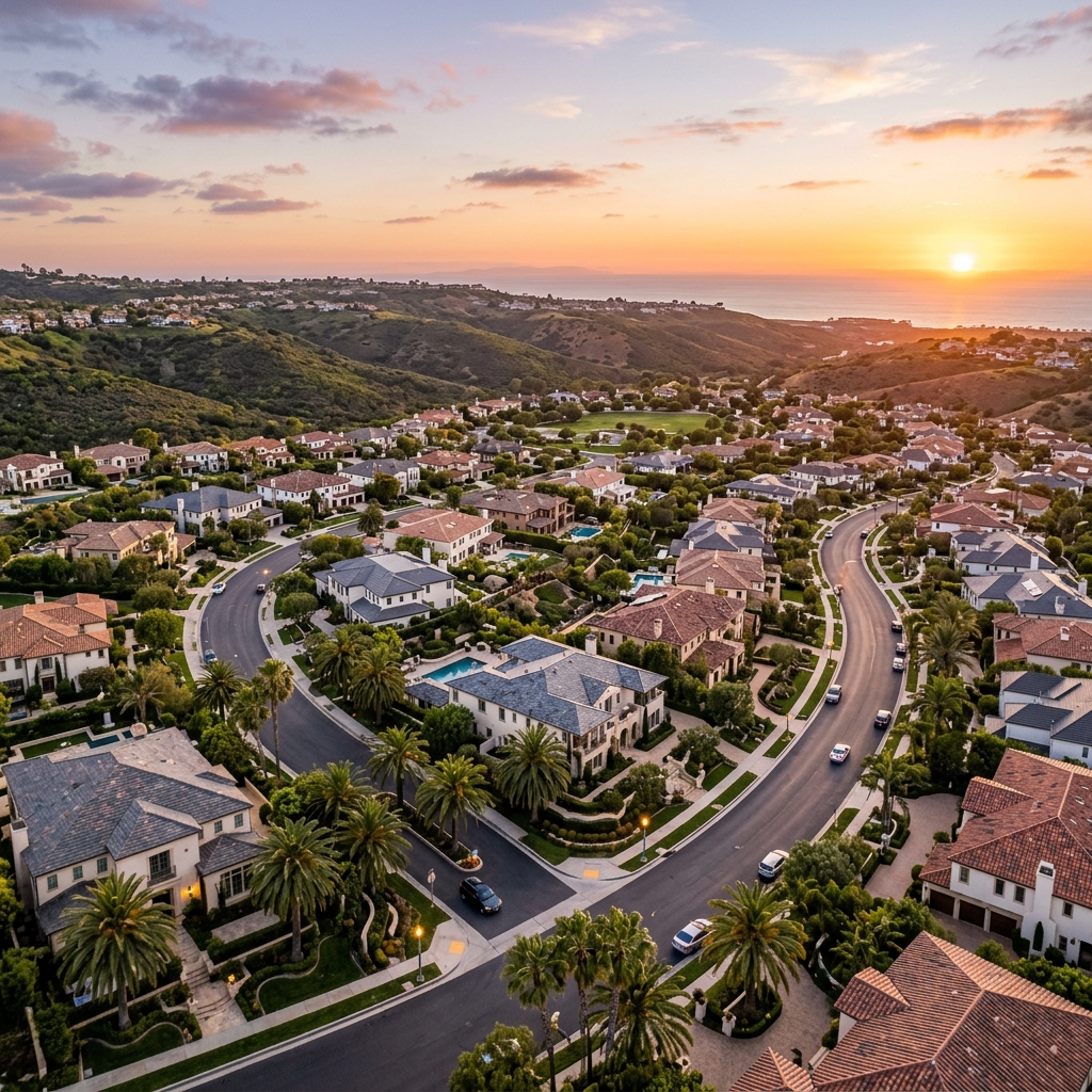Modern Southern California home with solar panels at sunset