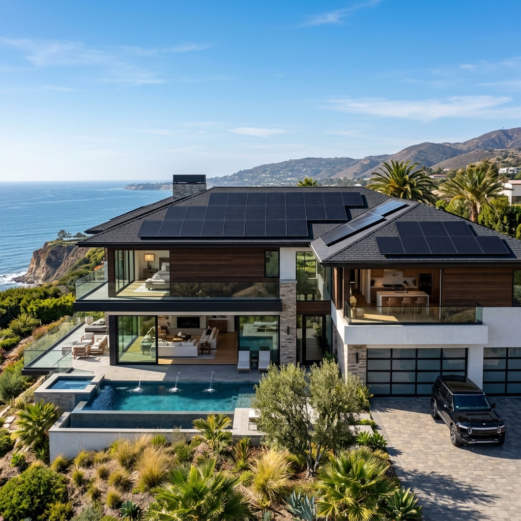 Modern Southern California home with solar panels at sunset