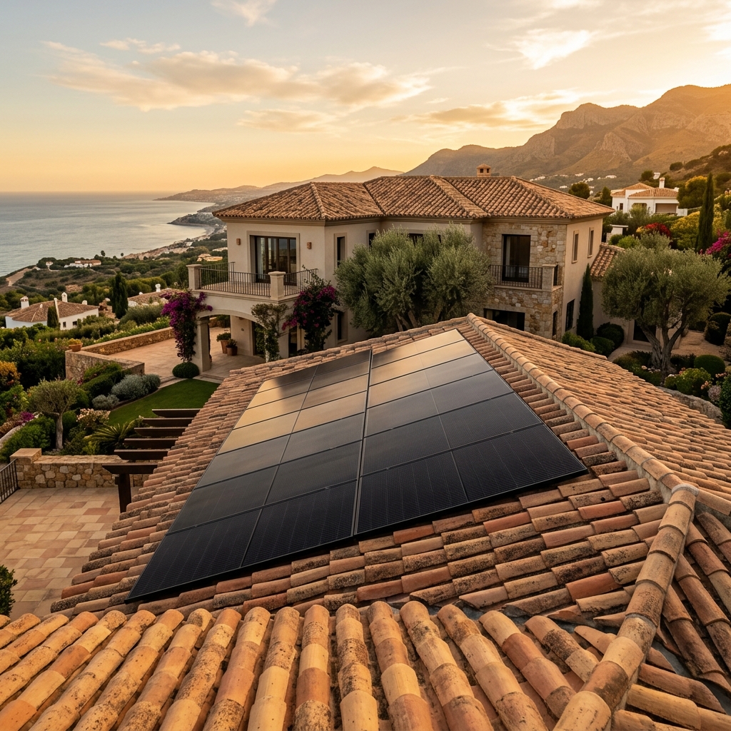 Modern Southern California home with solar panels at sunset